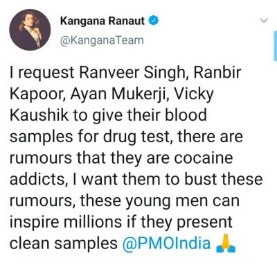 रणवीर सिंह, रणबीर कपूर, अयान, विक्की ड्रग टेस्ट के लिए सैंपल दें : कंगना