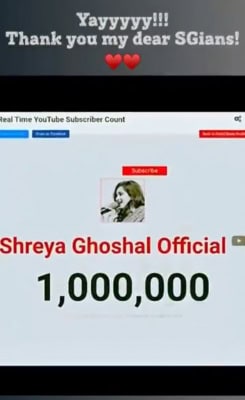 श्रेया घोषाल के यूट्यूब पर 10 लाख सब्सक्राइबर्स हुए, मनाया जश्न