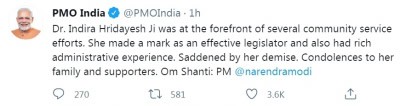प्रधानमंत्री मोदी ने कांग्रेस नेता इंदिरा हृदयेश के निधन पर जताया शोक